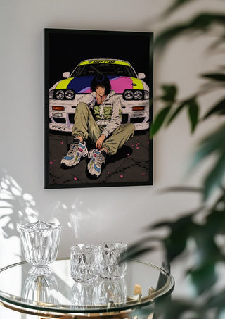 Drift Division by Melancholy Machinations in a black frame above a glass table with crystal glassware