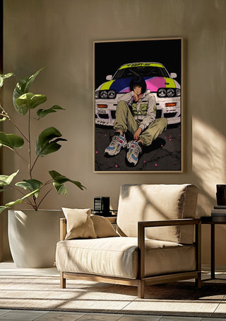 Drift Division by Melancholy Machinations framed above a beige armchair beside a potted plant