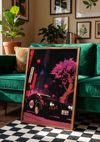 Drift Division 02 by Melancholy Machinations leaning against a green velvet sofa on a chequered floor