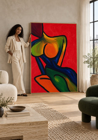 Anatomy of Introspection by Bibi leaning against a sunlit living room wall beside a woman