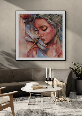 Inner Reflection by Elisa Kay framed above a grey sofa with a round coffee table