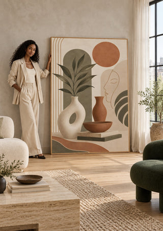 Earth Tone Abstract Still Life by TimlessArtworks leaning against a sunlit living room wall beside a woman