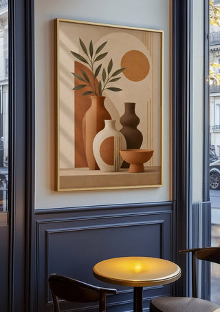 Earth Tone Still Life with Ceramic Vases by TimlessArtworks in an oak frame on a panelled cafe wall