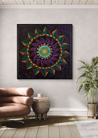 ShamanVision by Eledina in a black frame above a pink armchair beside a palm