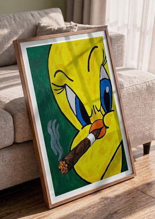 Bad Birdie by Bibi in a walnut frame leaning against a grey sofa