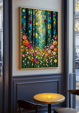 Stained Glass Forest by Yokohama in an oak frame on a panelled café wall
