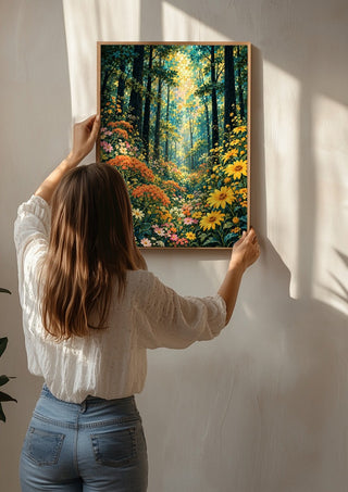 Golden Forest Light by Yokohama being hung on a sunlit wall