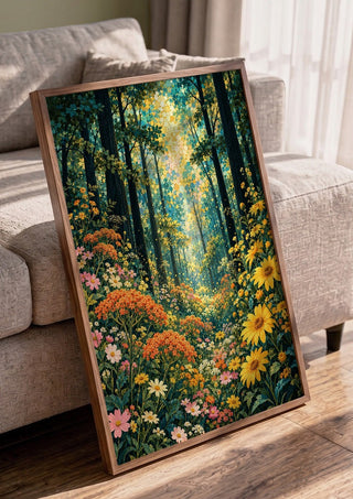 Golden Forest Light by Yokohama in a walnut frame leaning against a grey sofa