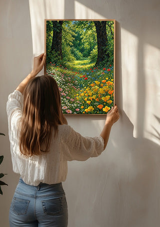Forest Clearing in Bloom by Yokohama being hung on a sunlit wall