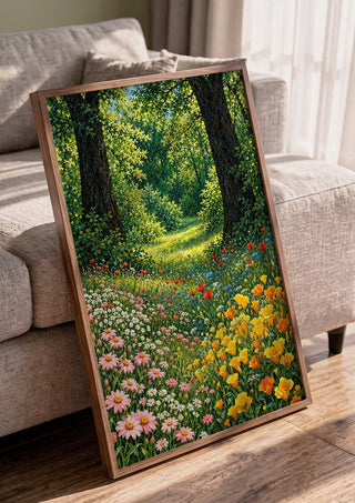 Forest Clearing in Bloom by Yokohama in a walnut frame leaning against a grey sofa