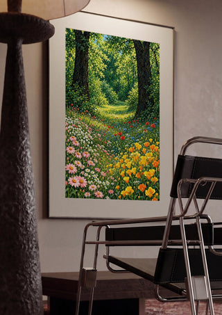 Forest Clearing in Bloom by Yokohama framed in a dim room beside a tubular steel chair
