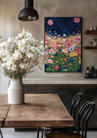 Starlit Flower Field by Yokohama in a black frame above a rustic table with white flowers