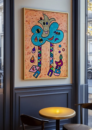 Blue Tree with Faces by Steffi Seiler in an oak frame on a panelled cafe wall