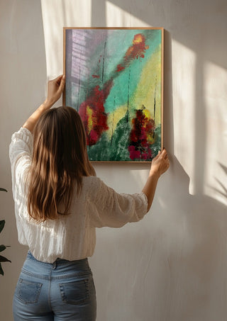 Smoke and Ember by Miguel Lemos being hung on a sunlit wall