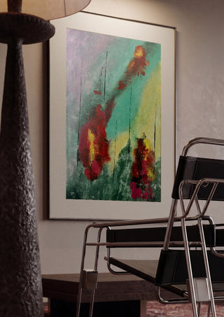 Smoke and Ember by Miguel Lemos framed in a dim room beside a tubular steel chair