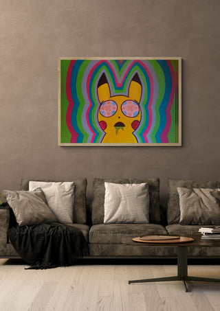 Psykemon by Luigi Monti in an oak frame above a grey sofa with cushions