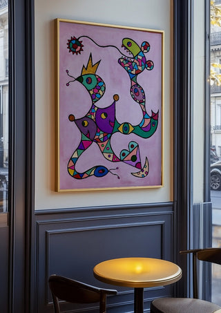 Crowned Creatures by Steffi Seiler in an oak frame on a panelled cafe wall