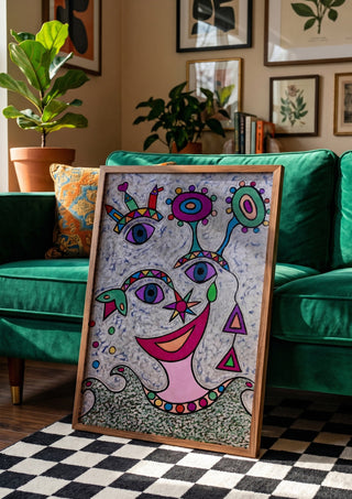 Eyes and Flowers by Steffi Seiler in a wooden frame beside a green velvet sofa on a chequered floor