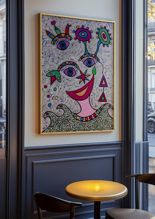 Eyes and Flowers by Steffi Seiler in an oak frame on a panelled cafe wall