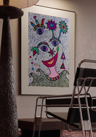 Eyes and Flowers by Steffi Seiler framed in a dim room beside a tubular steel chair