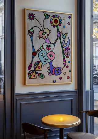 Hearts and Sunflower by Steffi Seiler in an oak frame on a panelled cafe wall