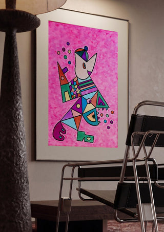 Pink Cat by Steffi Seiler framed in a dim room beside a tubular steel chair