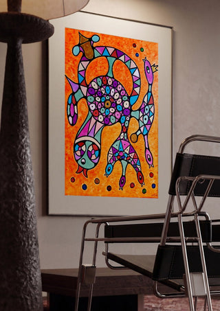 Circle of Eyes by Steffi Seiler framed in a dim room beside a tubular steel chair
