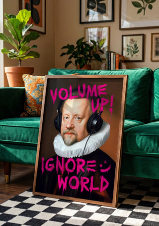 Volume Up by Dikhotomy in a wooden frame beside a green velvet sofa on a chequered floor