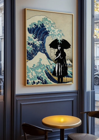 Under the wave by Dikhotomy in an oak frame on a panelled cafe wall