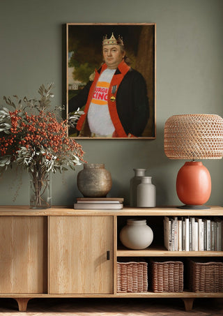 Fast Food King by Dikhotomy above a wooden sideboard on a sage green wall