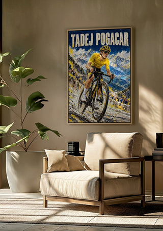Tadej Pogacar by Danii Steinfeldt framed above a beige armchair beside a potted plant