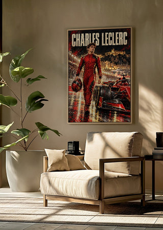 Charles Leclerc by Danii Steinfeldt framed above a beige armchair beside a potted plant