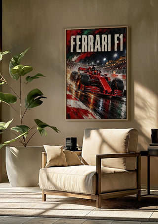 Ferrari F1 by Danii Steinfeldt framed above a beige armchair beside a potted plant
