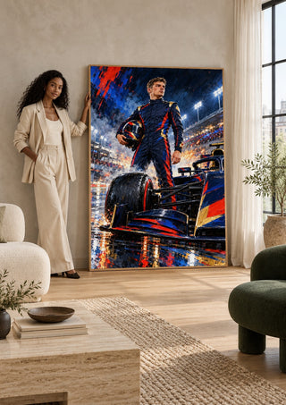 Max Verstappen F1 by Danii Steinfeldt leaning against a sunlit living room wall beside a woman