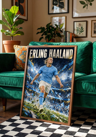 Erling Haaland by Danii Steinfeldt in a wooden frame beside a green velvet sofa on a chequered floor