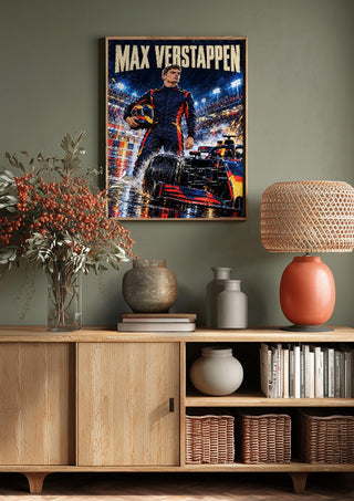 Max Verstappen by Danii Steinfeldt above a wooden sideboard on a sage green wall