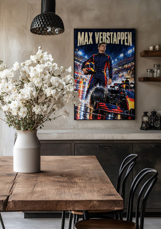 Max Verstappen by Danii Steinfeldt in a black frame above a rustic table with white flowers