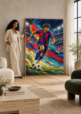 Lamine Yamal Barcelona by Danii Steinfeldt leaning against a sunlit living room wall beside a woman