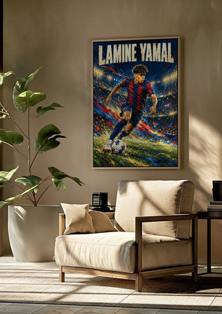 Lamine Yamal by Danii Steinfeldt framed above a beige armchair beside a potted plant