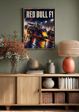 Red Bull F1 by Danii Steinfeldt above a wooden sideboard on a sage green wall