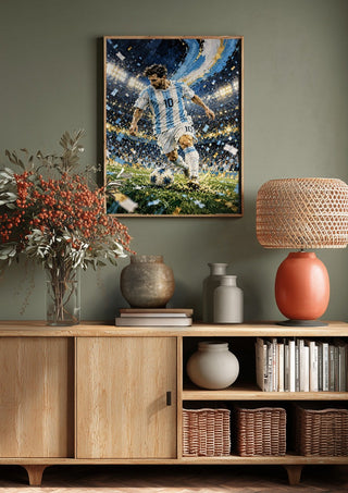 Lionel Messi by Danii Steinfeldt above a wooden sideboard on a sage green wall