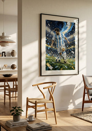 Lionel Messi by Danii Steinfeldt in a black frame in a bright dining room with wooden chairs