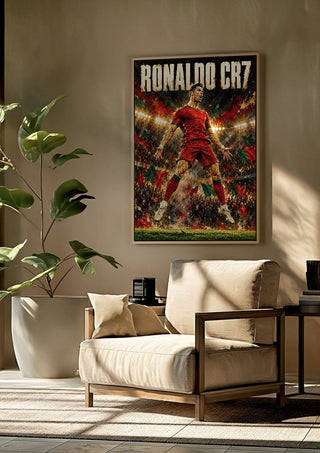 Ronaldo CR7 by Danii Steinfeldt framed above a beige armchair beside a potted plant