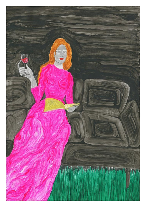 A woman in a pink dress reads on a sofa, holding wine, from "Beautiful Poem" by Martina Karlsson.