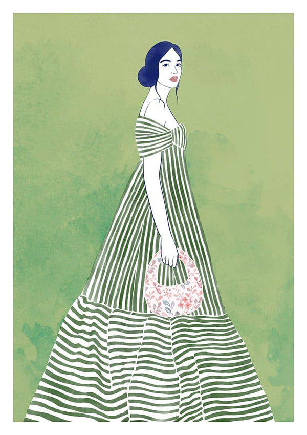 Illustration of a woman in a striped dress holding a floral wreath, featured for Sky Of Dreams - Elara Monet.