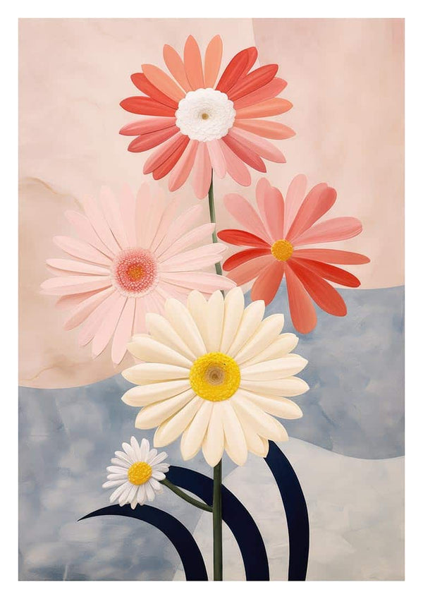Illustration of Daisy Flowers-Tara Green with large pink, red, and white blooms against a soft abstract background.