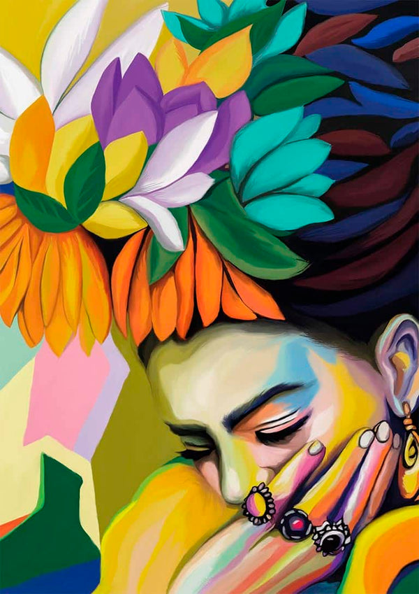 Vivid portrait of a woman with colorful flowers in her hair, resting her face on her hand adorned with bold rings.