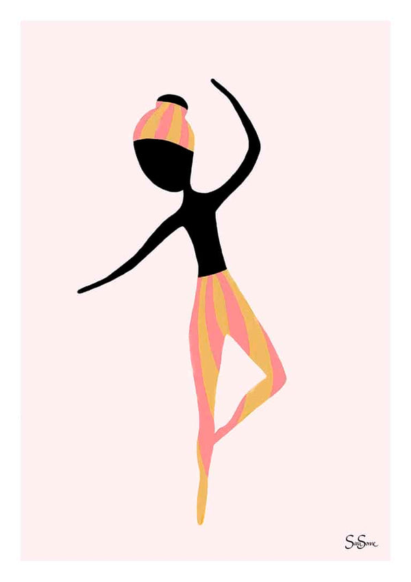 Minimalist illustration of a dancer in pink and yellow stripes, featured on the Sara Sonne – Dance More product page.