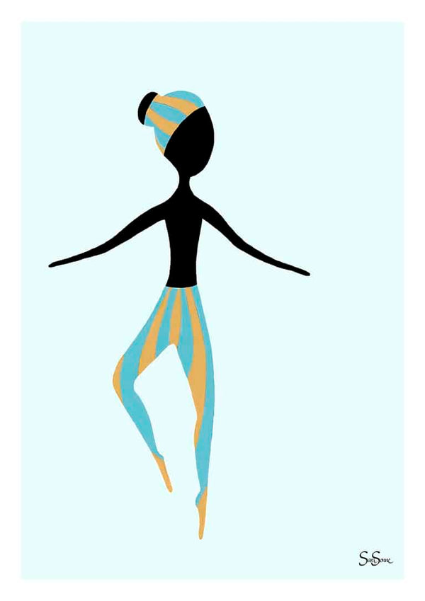 Minimalist illustration of a dancer in blue and yellow attire from Sara Sonne's "Just Dance" collection.