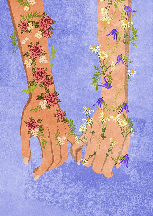 Two hands with floral tattoos gently interlocked, illustrated on a textured purple background.